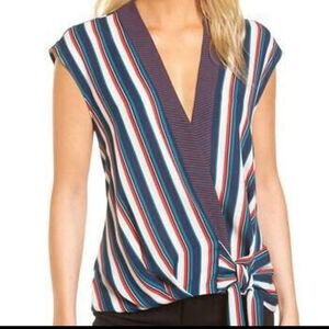 Trouve Top V Neck Wrap Style Blouse Sleeveless Striped Tie Front Size XS